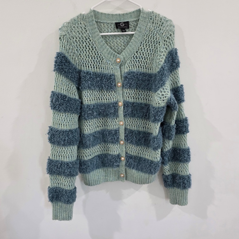 Womens Cardigan Size Large Old‎ Money Luxury Green Blue Pearl Button Crochet